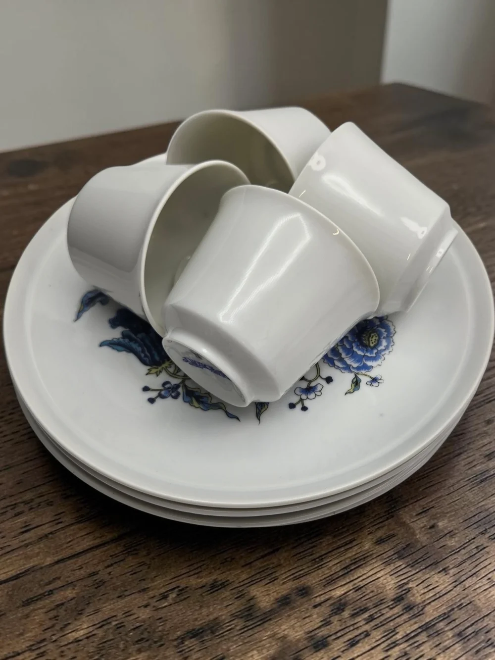 Vintage Shafford Blue Peony Snack Set for 4 Japanese Dessert Plates & Cups MCM